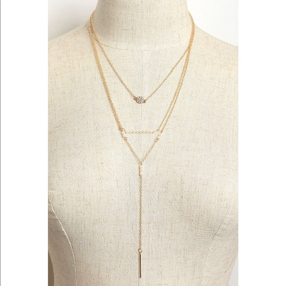 Gold Triple Layer Stone Pearl Design Necklace